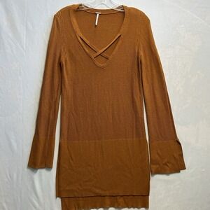 Free People Criss Cross V-Neck Tunic Sweater w/Bell Sleeves Orange Gold Size S